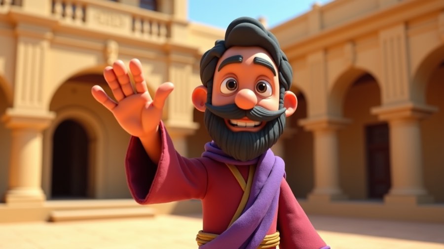 A claymation man in purple robes waving in a sunlit courtyard