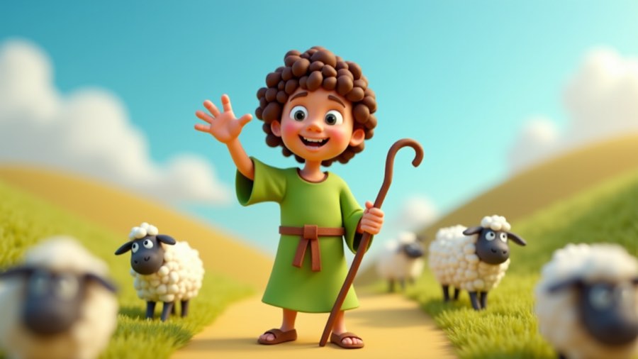 A smiling claymation shepherd boy waving, with sheep on a green hillside