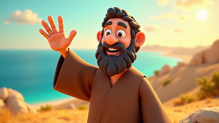 A claymation man with a beard waving by the sea at sunset